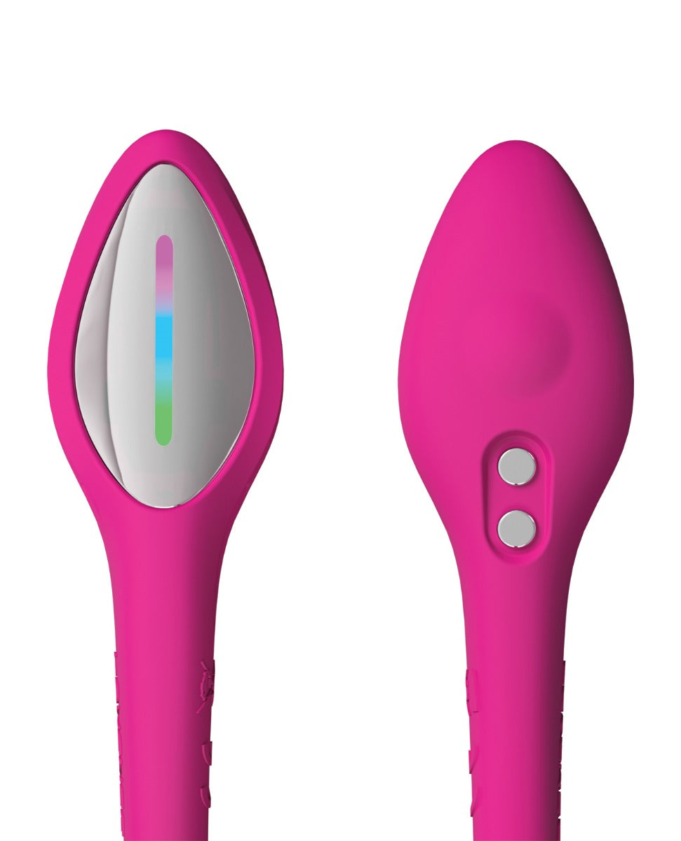Pink electronic device with a digital display on a white background
