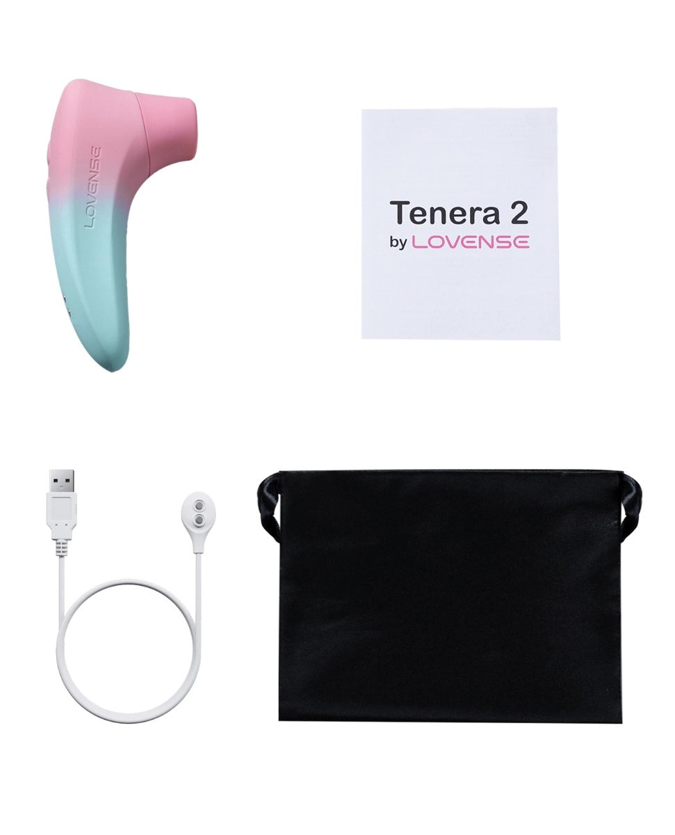 Tenera 2 by LOVENSE device with packaging, USB cable, and carrying case on a white background