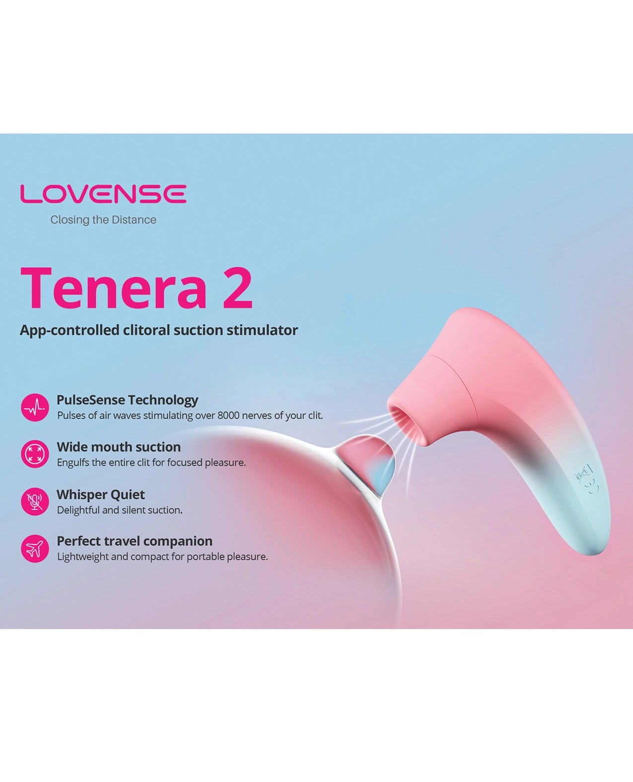 Lovense Tenera 2 app-controlled clitoral suction stimulator with product details on a gradient blue and pink background.