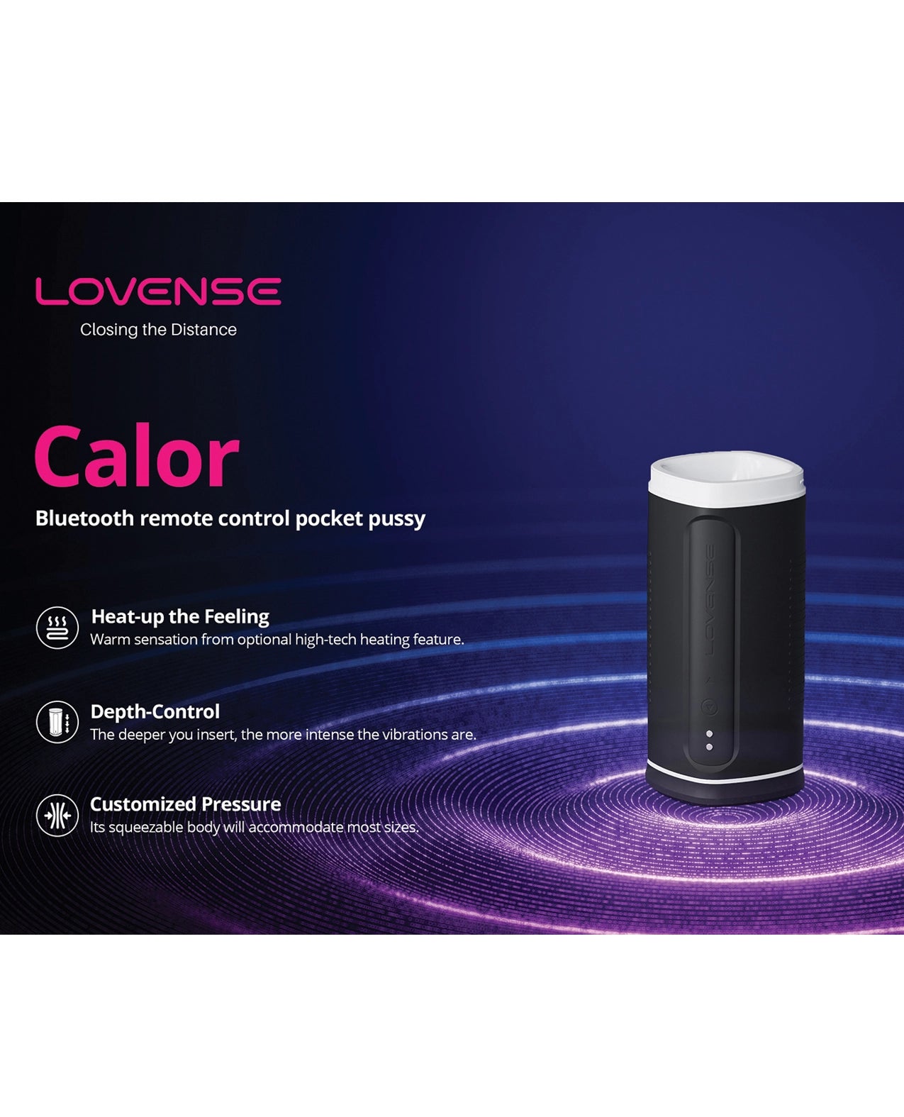 LOVENSE Calor product with features listed on a dark background