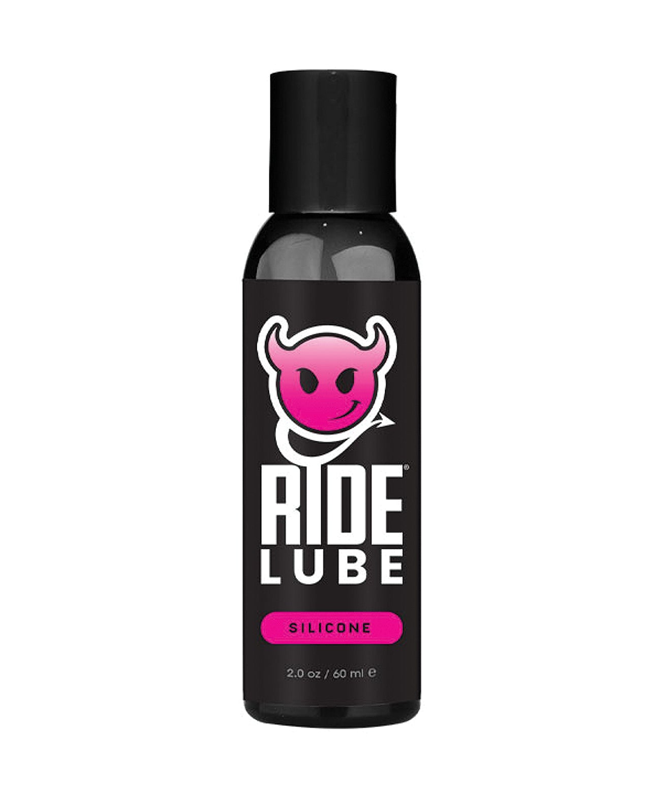 Bottle of Ride Lube with a black label and pink logo on a white background
