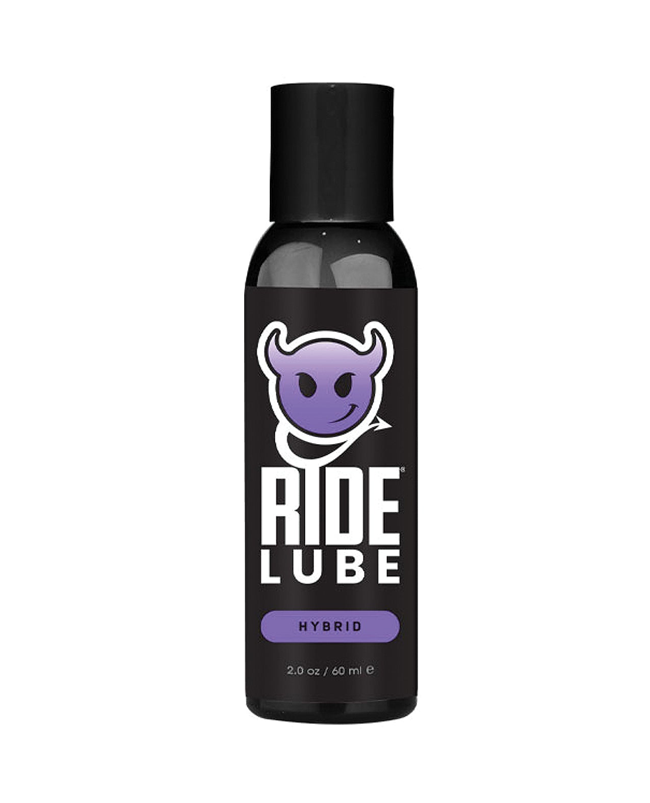 Black bottle of Ride Lube with a purple logo on a white background