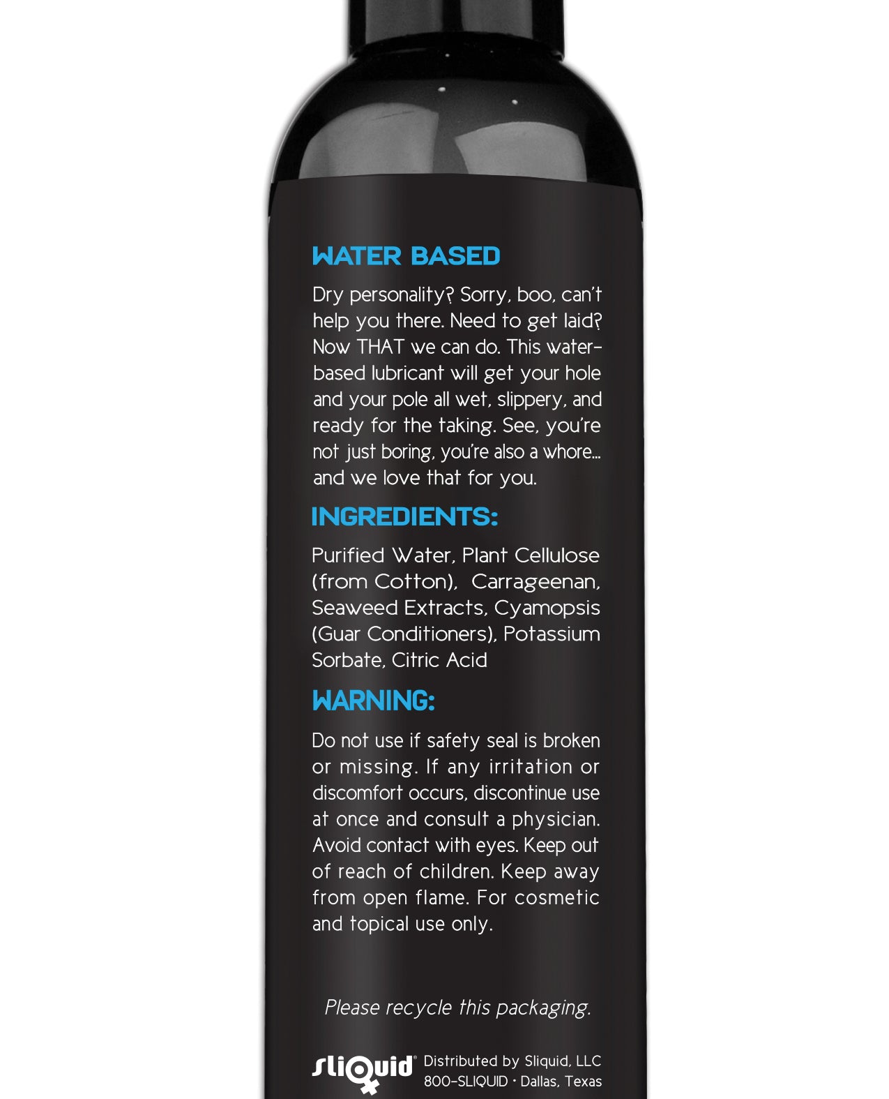 Bottle of water-based lubricant with text on a white background