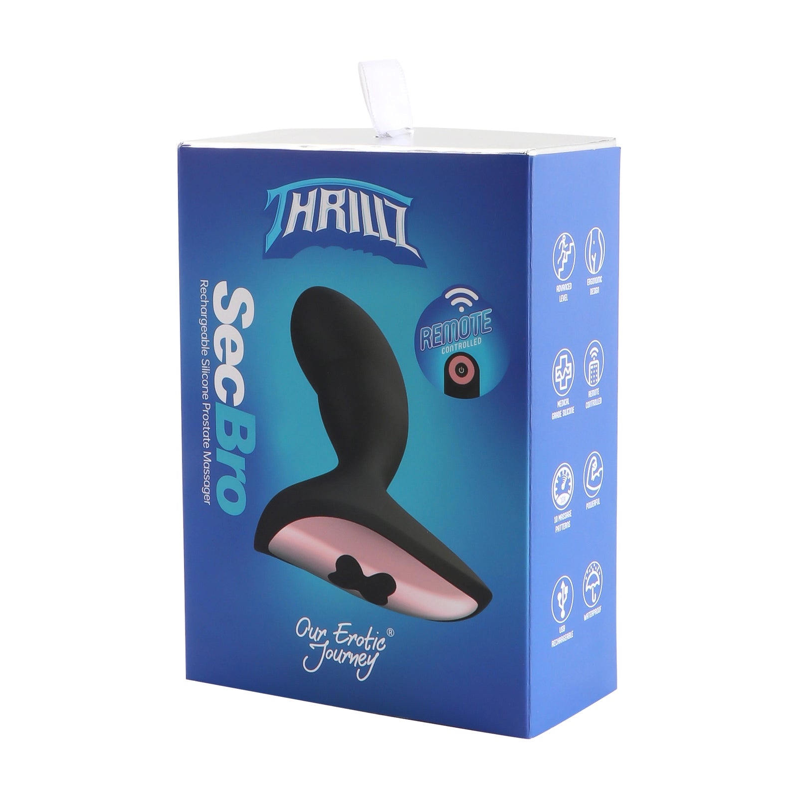 Blue packaging of a remote-controlled sex toy with 'Thrive' branding on a white background.