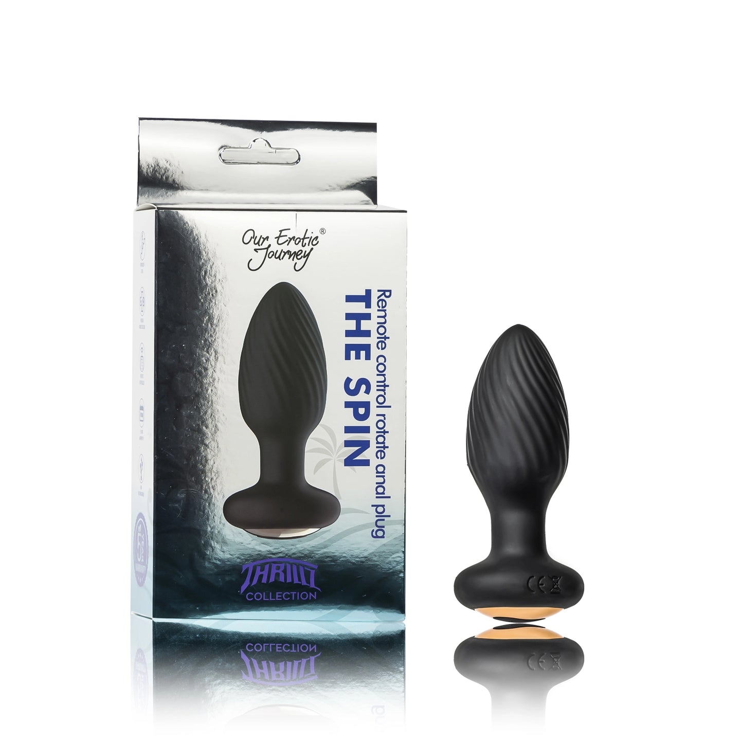 Black remote control anal plug with packaging on a white background